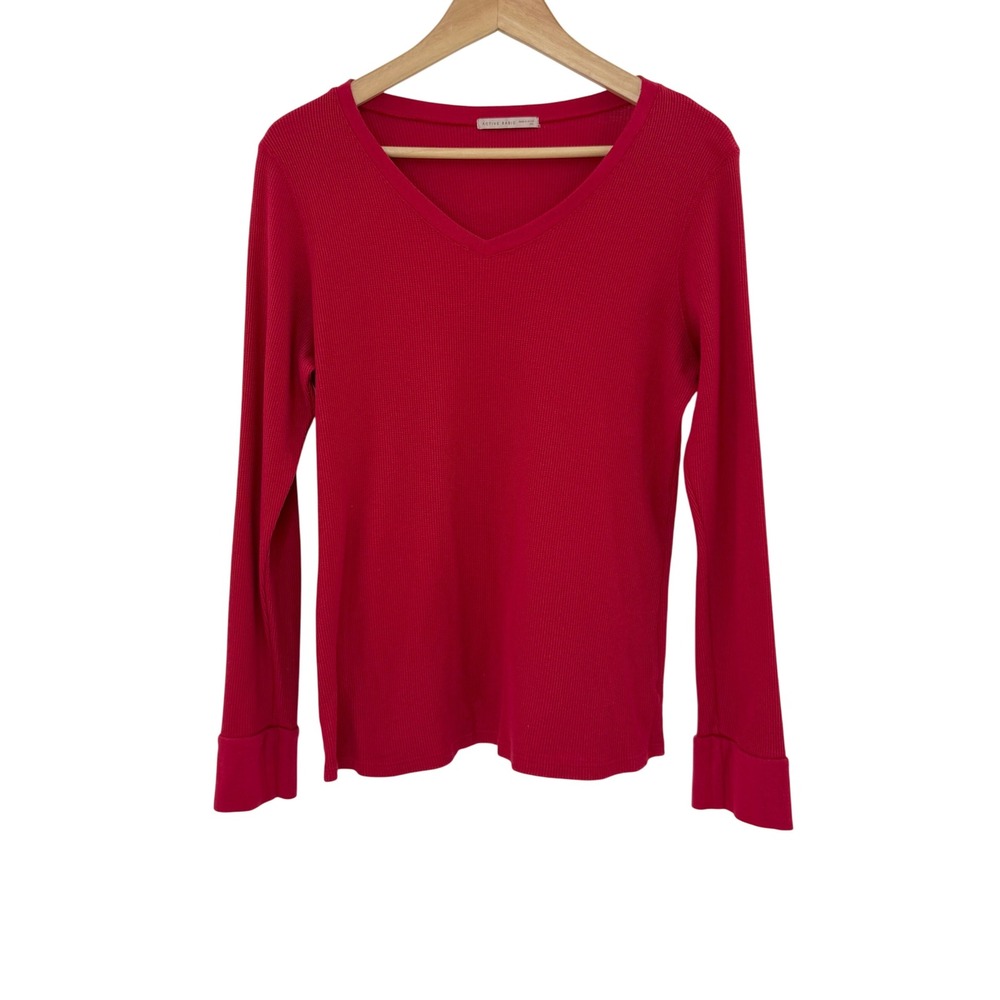 Active Basic 1XL Long Sleeve V Neck Waffle Knit‎ Top Red Basic Runs Small